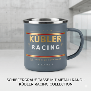 Schiefergraue Emaille-Tasse mit Metallrand